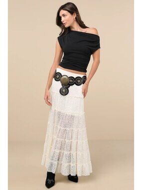 Lulus Ivory Lace Tiered Maxi Skirt Boho Festival Whimsical Fairy Cottage XL